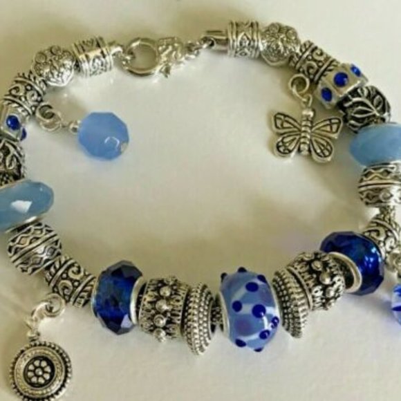 European Style Silver Plated Charm Bracelet with Beads, Lobster Closure, 9" Long - Picture 3 of 12